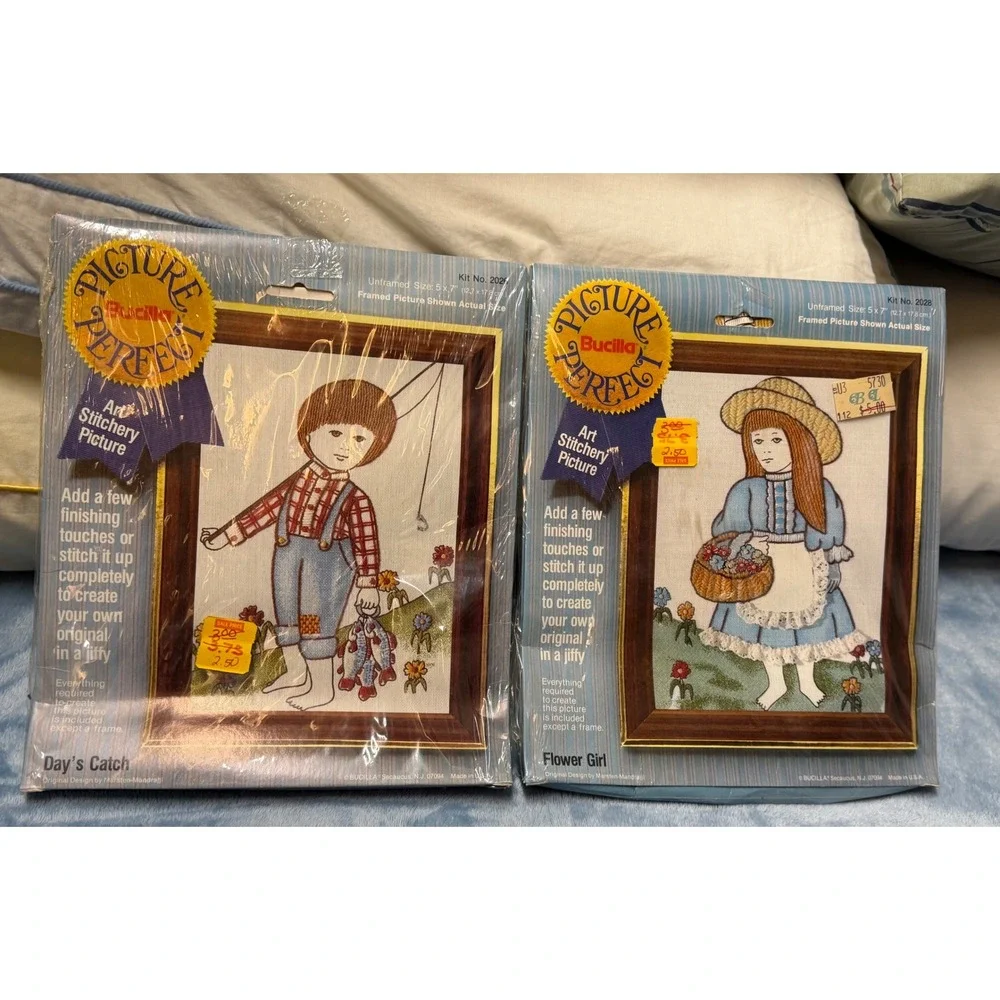 Vtg 2 Bucilla Picture Perfect Art Stichery Picture: Day's Catch & Flower Girl
